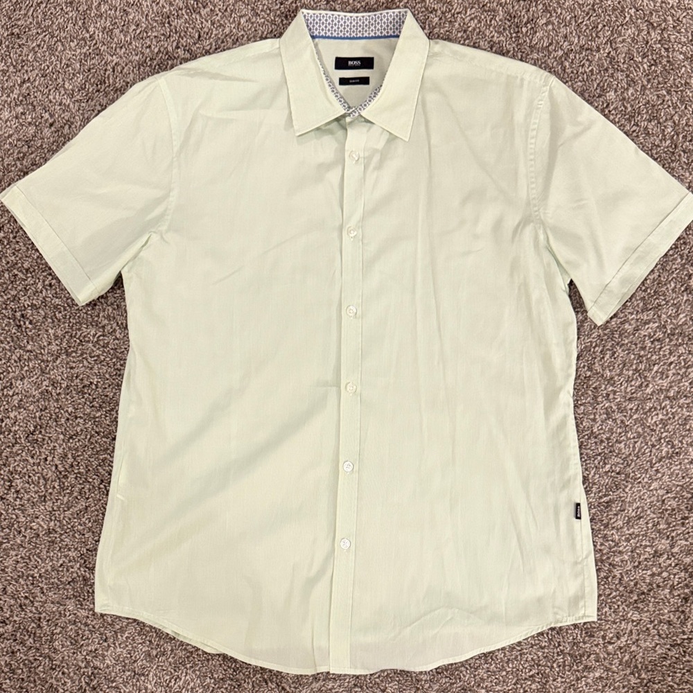 Boss Light Green Striped Casual Short Sleeve Button Up Shirt Mens XL Slim Fit